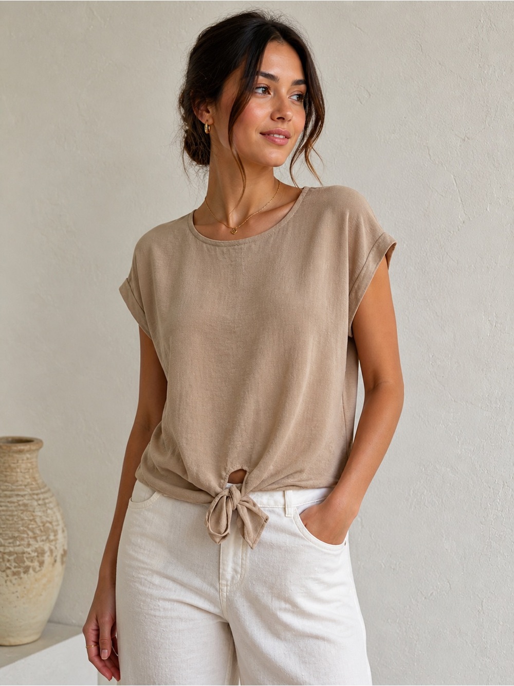 Taupe Tie-Front Cap Sleeve Top